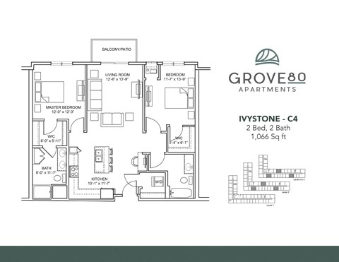Floor plan for 2 beds, 2 baths, 1066 sqft